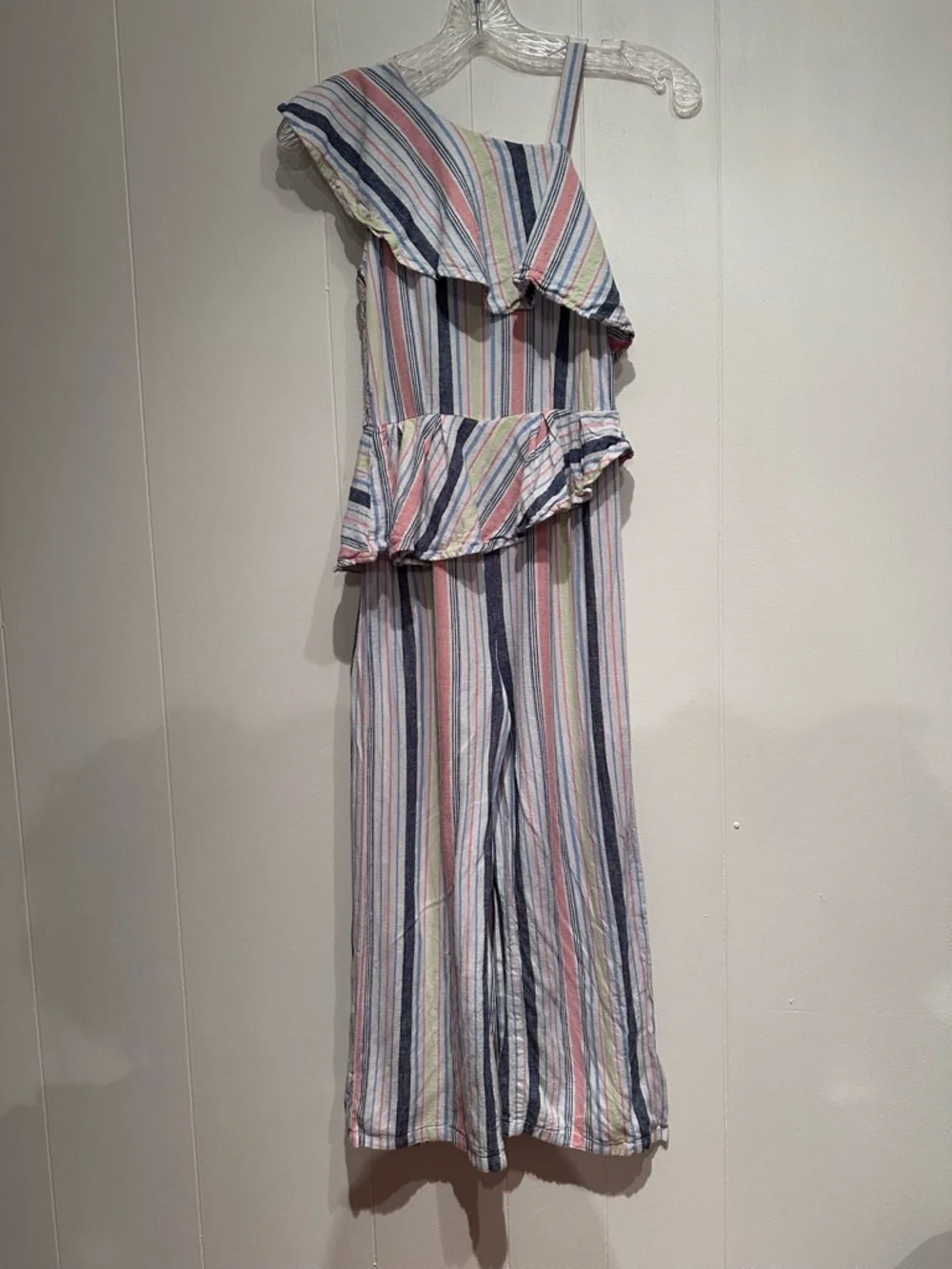 Habitual Girls Striped Jumpsuit Linen Blend Ruffle One Shoulder 10